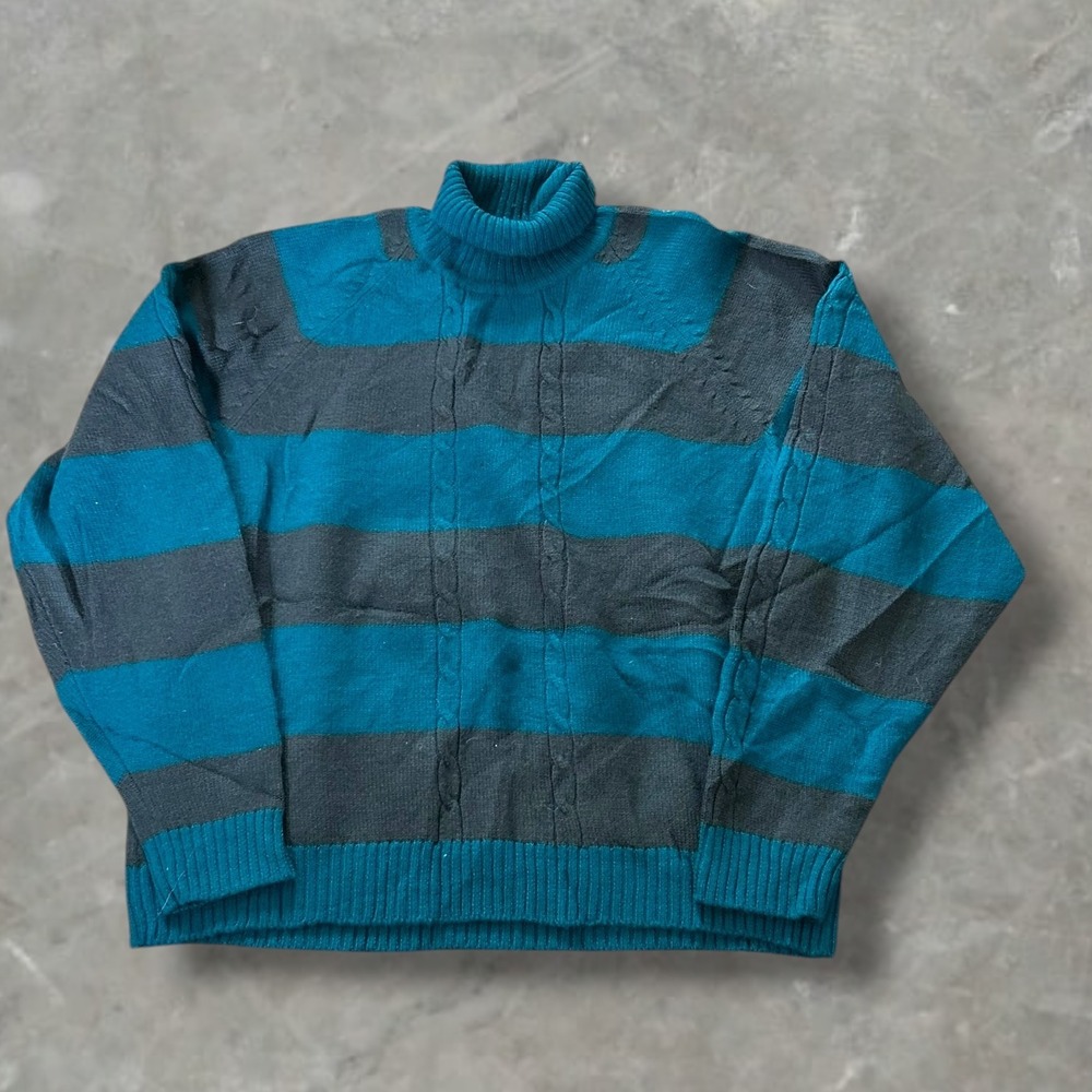 Vintage Colours by Alexander Julian‎ Mens Teal Grey Striped Sweater Large Wool